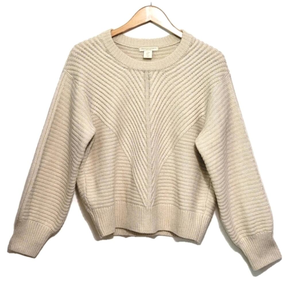 Christian Siriano Wool Blend Ribbed Crew Neck Cream Ivory Knit Sweater Size M - Picture 13 of 13